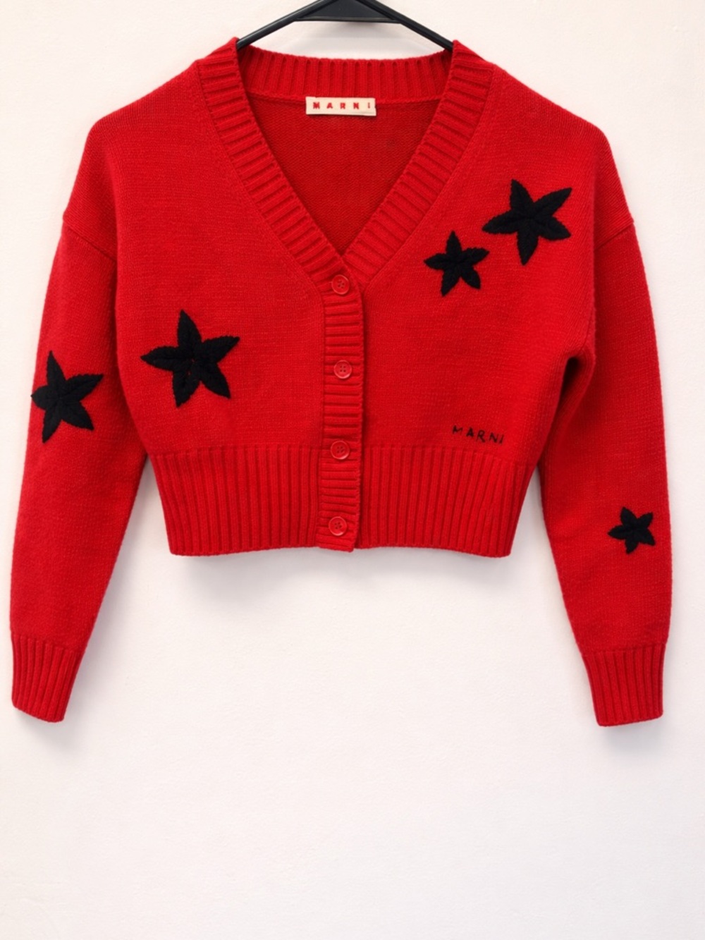 Marni Red Cropped V-Neck Cardigan with Black Star Motifs